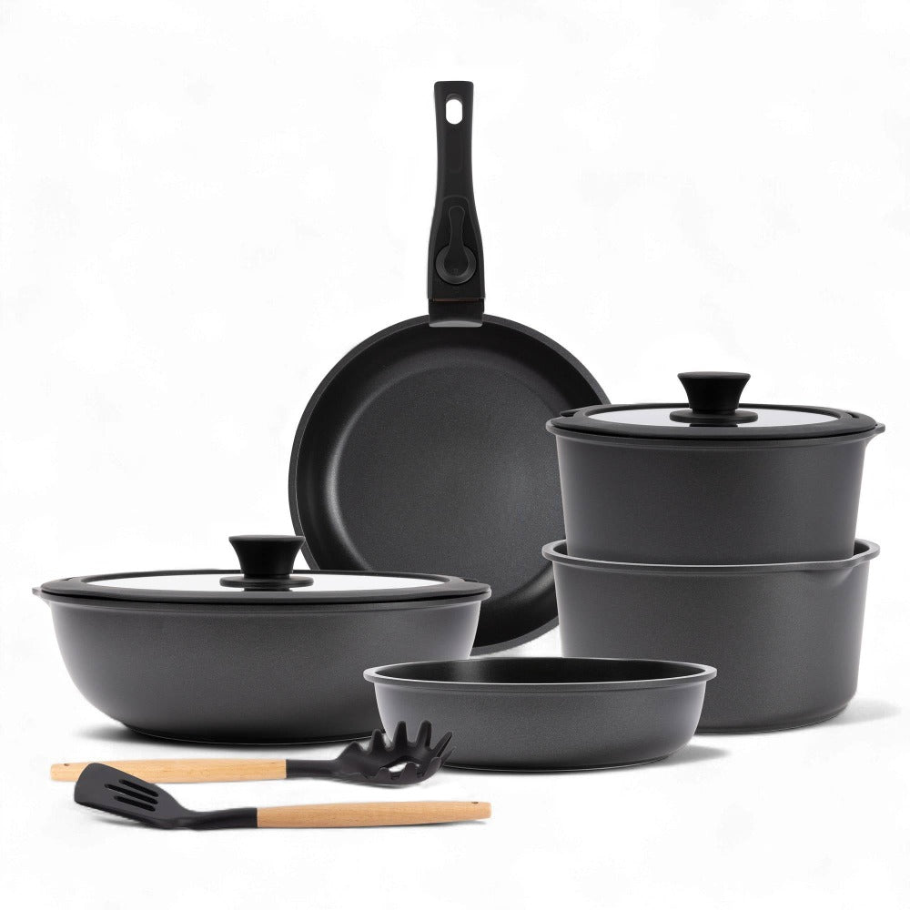 Bergner Click&Cook Batería de cocina 10 Pzs Mango extraíble, 3 Sartenes, 2 Cazos, Tapas y Utensilios Aluminio revestimiento antiadherente