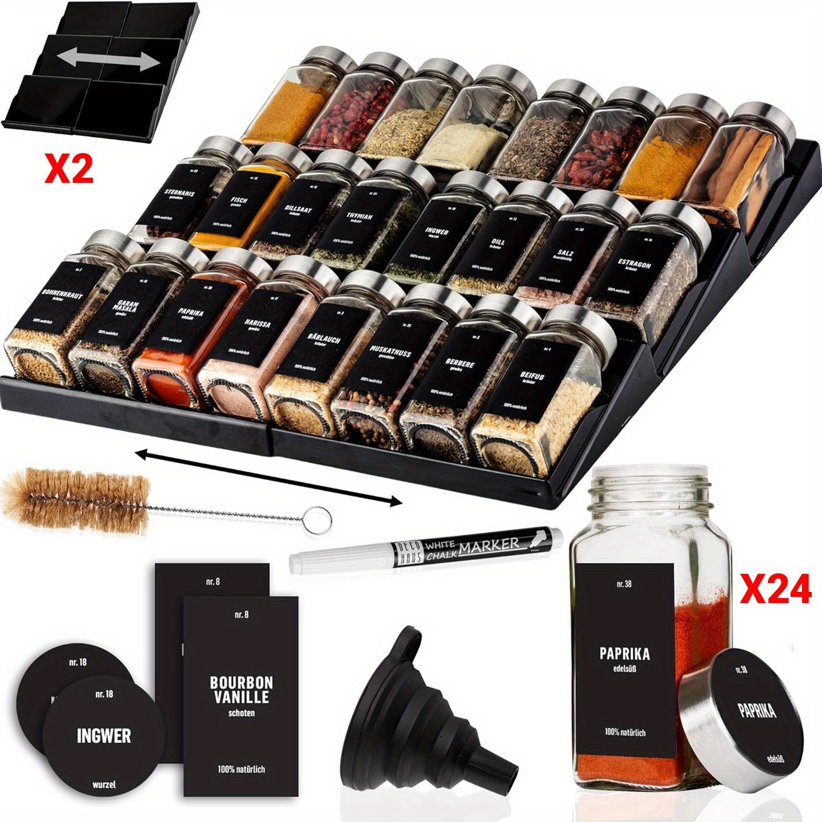 Organizador de gaveta ajustable Miorkly con 24 botellas de especias de vidrio y etiquetas - Se adapta a todas las gavetas, solución de almacenamiento duradera para la cocina para especias, hierbas y condimentos, frascos de especias.