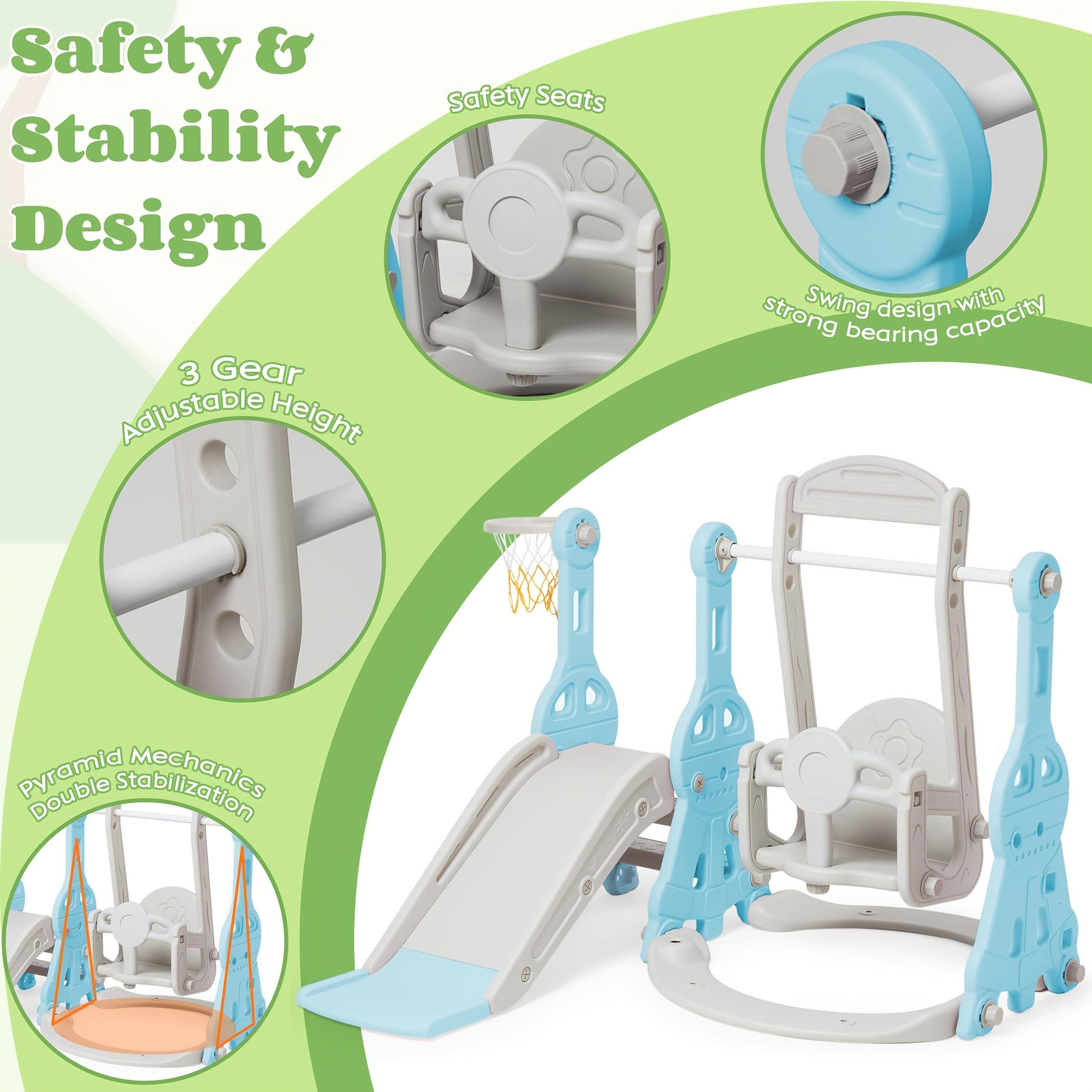 Conjunto de tobogán y columpio para niños pequeños 4 en 1, tobogán para bebés con columpio, tobogán, escalador y baloncesto, juego de columpio y tobogán para niños, juguete de parque infantil para interiores y exteriores, patio trasero, para niños pequeño