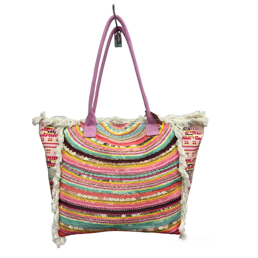 MEJORADA Bolso de playa grande con estampado bohemio, ideal para verano, con flecos de algodón, forro interior y bolsillos, 55×37×19 CM, tejido 100% poliéster