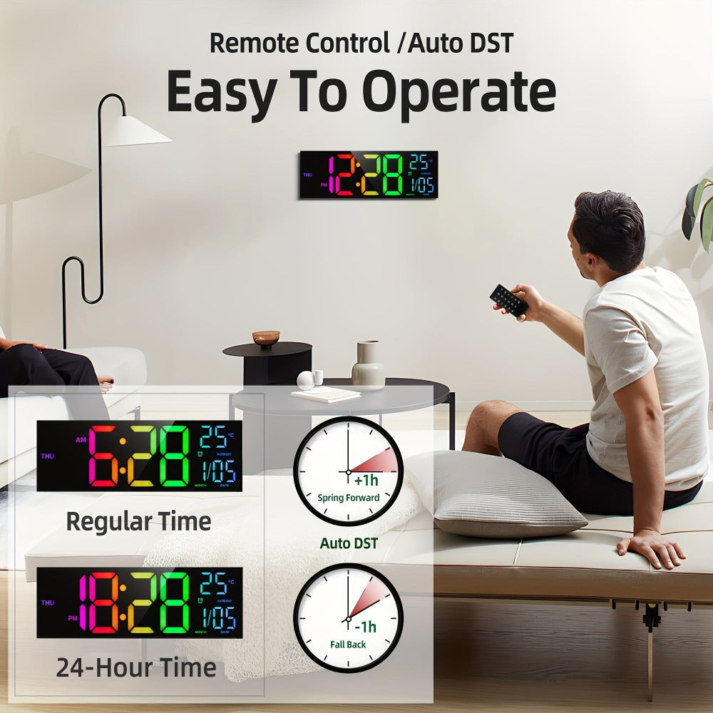 Reloj de pared digital grande de 41.91 cm con control remoto, gran pantalla LED/doble alarma/8 colores RGB/brillo automático/fecha/horario de verano automático/temperatura/luz nocturna, relojes de gimnasio para sala de estar, dormitorio, oficina, decoraci