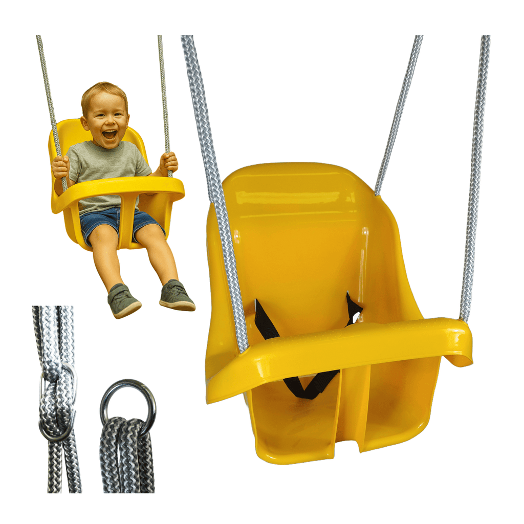 Colgacama tipo cubo para niños con cinturón de seguridad y cuerdas ajustables, asiento con respaldo alto y protección lateral, polipropileno duradero resistente a las condiciones climáticas y radiación UV, colgacama fácil de limpiar para el jardín, terraz