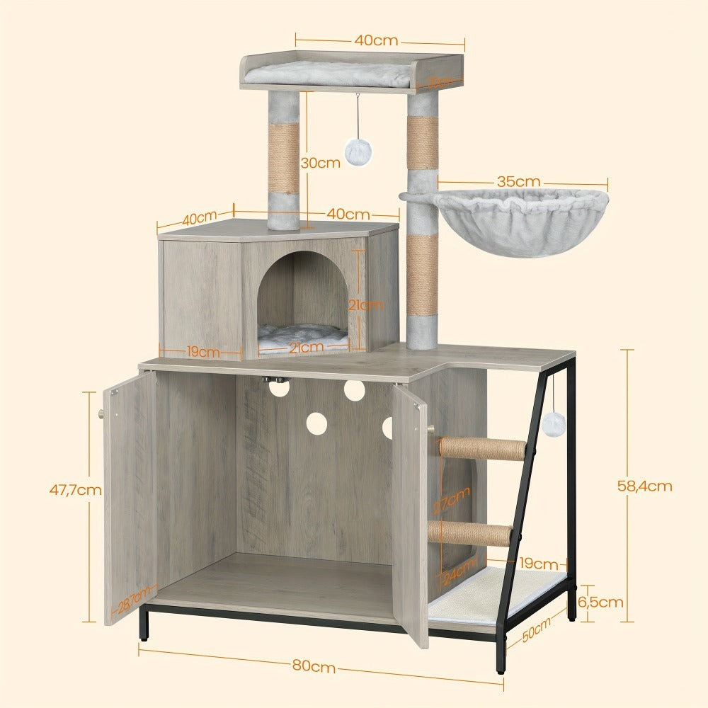 Árbol para Gatos con Gabinete para Caja de Arena, Gabinete para Gatos, Casa Moderna para Gatos 4 en 1 con Plataforma Grande, Casa para Gatos con Rascador de Sisal, Postes, Escaleras y Pompón, Cojines Lavables, Marfil Claro/Blanco