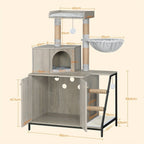 Árbol para Gatos con Gabinete para Caja de Arena, Gabinete para Gatos, Casa Moderna para Gatos 4 en 1 con Plataforma Grande, Casa para Gatos con Rascador de Sisal, Postes, Escaleras y Pompón, Cojines Lavables, Marfil Claro/Blanco