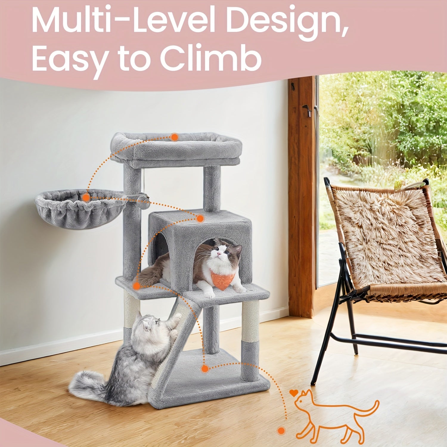 Rascador para gatos | Torre Pequeña para Gatos Feandrea - Diseño Multinivel con Perchas Ampliadas, Postes Rascadores, Rampas y Plataformas