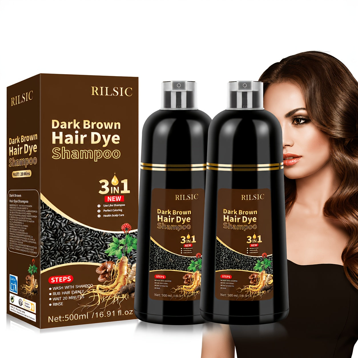 Pack de 2 Champú y Tinte para el Cabello (3 en 1), Apto para Hombres y Mujeres. Coloración Instantánea del Cabello, Cobertura 100% de Cabello Gris, Coloración Natural, Termina en Minutos. Fórmula Sin Amoniaco, Dura 30 Días. ¡Un Esencial para Navidad!