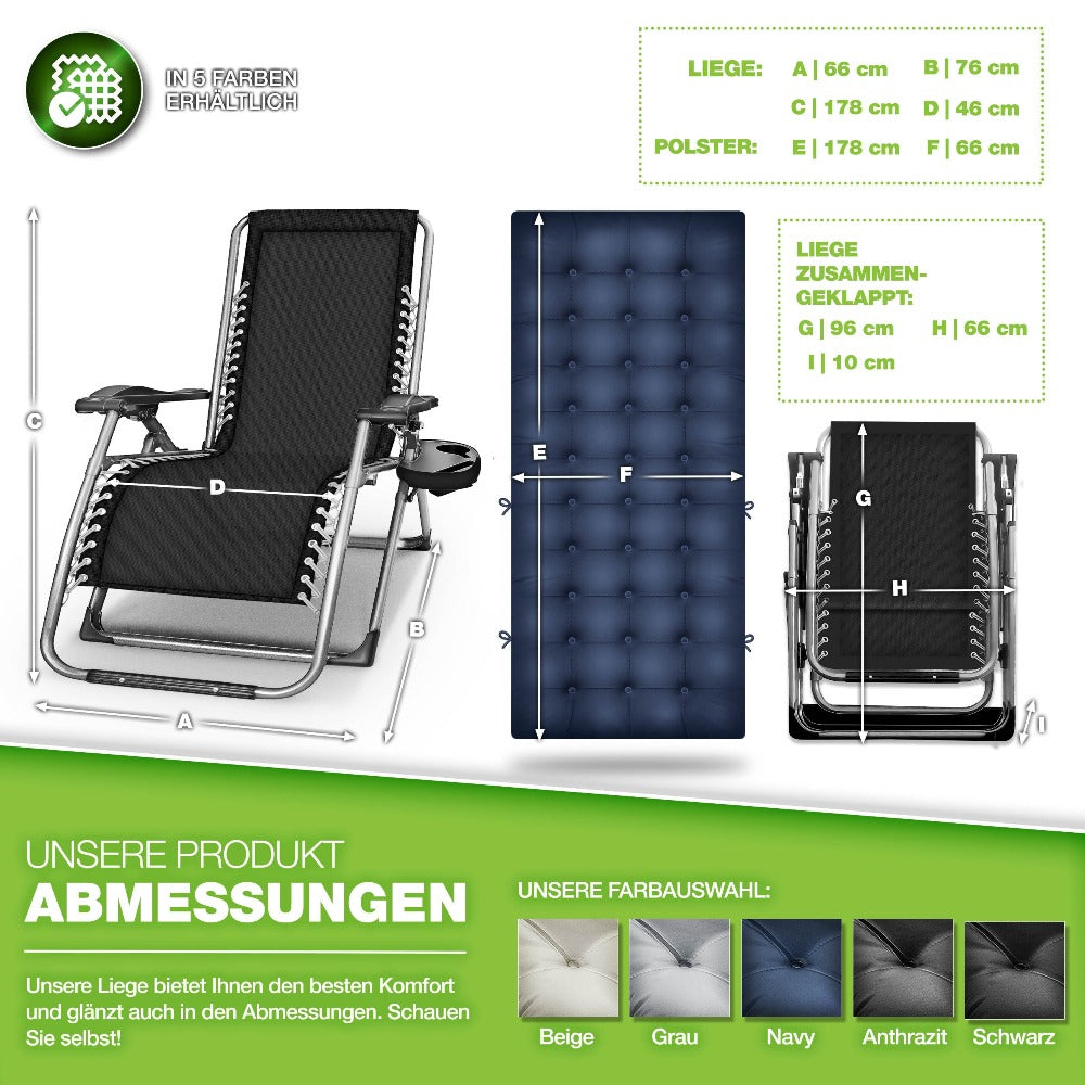 Tillvex® Tumbona Reclinable Plegable hasta 200Kg, Sillón de Sol para Jardín Exterior, Resistente a la Intemperie para Balcón, Jardín y Terraza, Ajustable con Acolchado Grueso, Reclinable, Extra Ancha, con Soporte para Bebidas