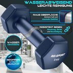 RE:SPORT® Juego de Mancuernas 3 Pares, 1Kg - 5Kg, 12Kg o 18Kg con Soporte y 3 Bandas Elásticas Fitness | Mancuernas Cortas Antideslizantes de Neopreno para Mujeres y Hombres | Juego de Mancuernas