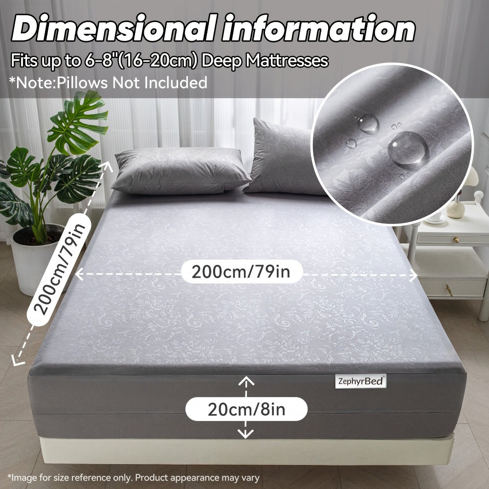 Funda de colchón con cremallera 100% impermeable que envuelve completamente el colchón en las seis caras, con un lujoso diseño para protección contra el polvo y líquidos, apta para colchones de alturas de 15/20/25/30 cm, disponible en blanco/gris.