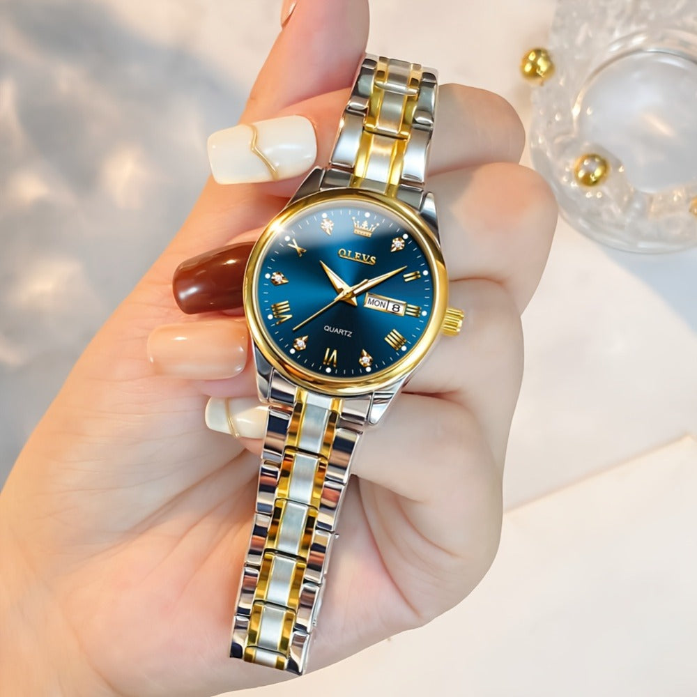 Relojes de Mujer OLEVS: Elegantes y de Moda para Negocios, Diseño Femenino para Muñecas Pequeñas, Cara Pequeña, Tono Dorado y Plateado, Correa de Acero Inoxidable, Cuarzo Analógico, Fecha y Día, Luminiscente, Esferas en /Blanco/Dorado/Azul