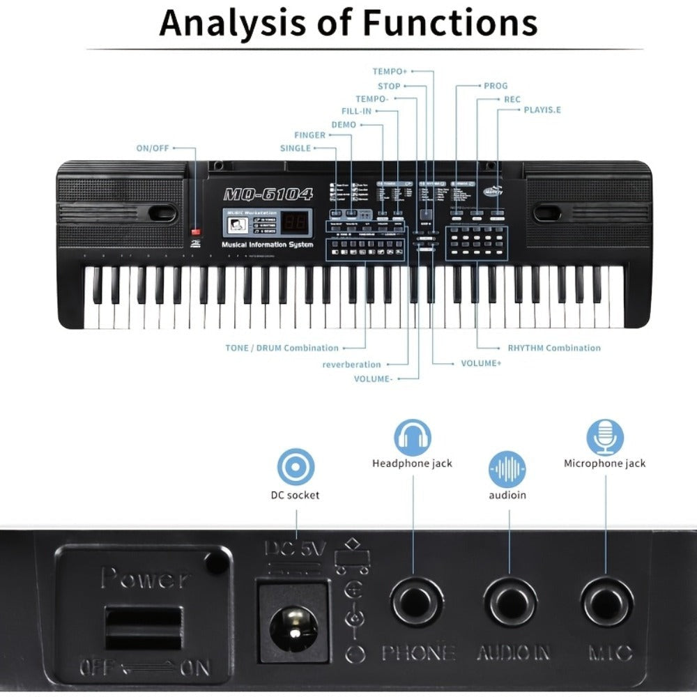 Piano electrónico de 61 teclas, piano ideal para principiantes, piano electrónico portátil, con 16 tonos, 8 efectos de sonido de percusión, 10 ritmos, 6 demostraciones, altavoces incorporados, sonido de alta calidad, es la mejor opción para entusiastas de