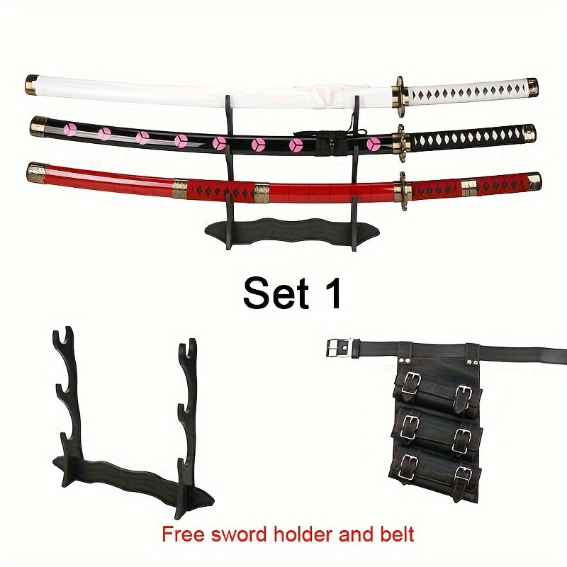 3 Piezas Set de Espadas Anime, Hoja de Bambú Segura No Afilada, Accesorio de Cosplay, Katana Espada Samurái, Regalo de Halloween y Navidad, Cinturón y Soporte para Espada