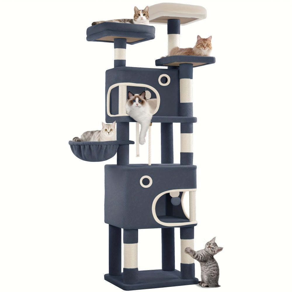 Árbol para Gatos, 180 cm con 8 Postes para Rascar, 3 Plataformas, 2 Cuevas, Cesta, Pelotas de Peluche, Cuerda de Sisal, Adecuado para Gatos de Varios Tamaños, Beige/Gris Claro/Gris Oscuro