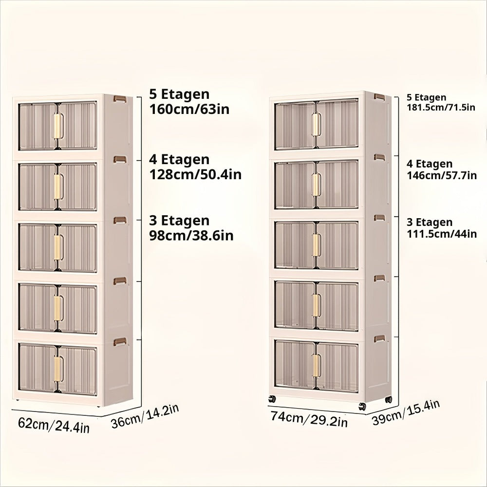 Armario de almacenamiento plegable extragrande de 74 cm con ruedas, puertas magnéticas y paneles transparentes, unidad organizadora de plástico apilable para dormitorio, sala de estar, oficina, despensa y documentos