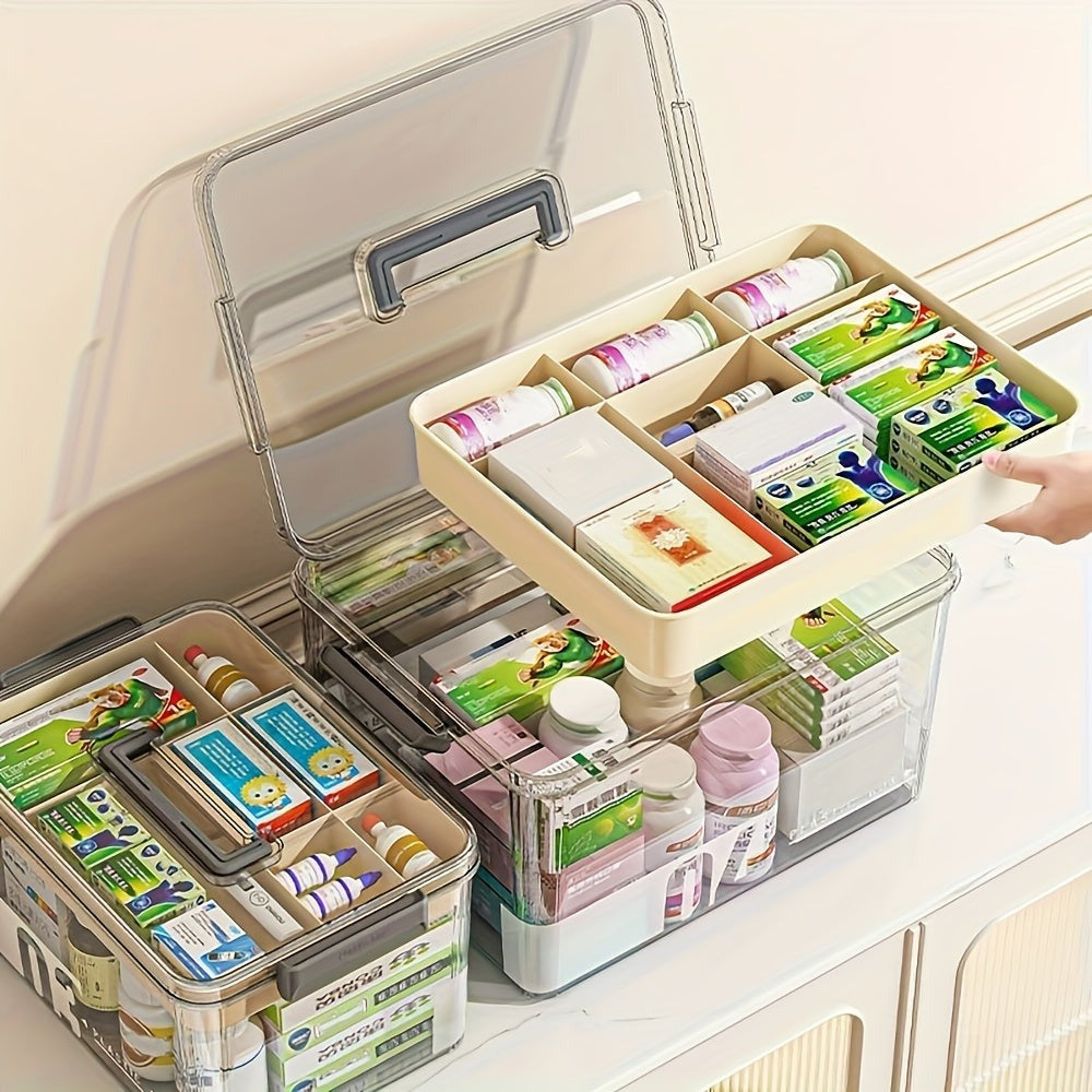 Caja de almacenamiento de medicamentos transparente de gran capacidad con asa y tapa, impermeable, adecuada para cajas de almacenamiento de varias capas para artículos esenciales del hogar y la oficina.