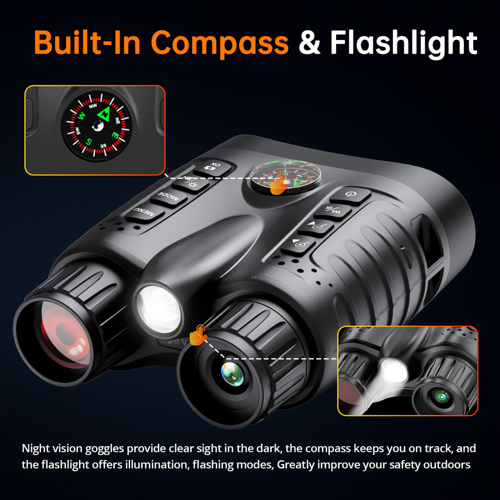 Binoculares de Visión Nocturna Infrarroja 4K con Gafas Protectoras, Zoom 8x, Capacidad de Grabación de Fotos y Videos, Batería Recargable de Larga Duración, Pantalla Grande de 8.13 cm, Incluye Correa de Transporte, Portátil para Excursiones, Versátil para