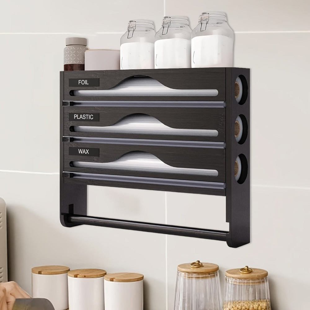 Dispensador de Papel Aluminio con Cortador, Reutilizable, Ahorra Espacio, Ideal para Almacenamiento en Cocina, Adecuado para Bolsas de Plástico, Film Transparente y Papel Aluminio, Montaje en Pared