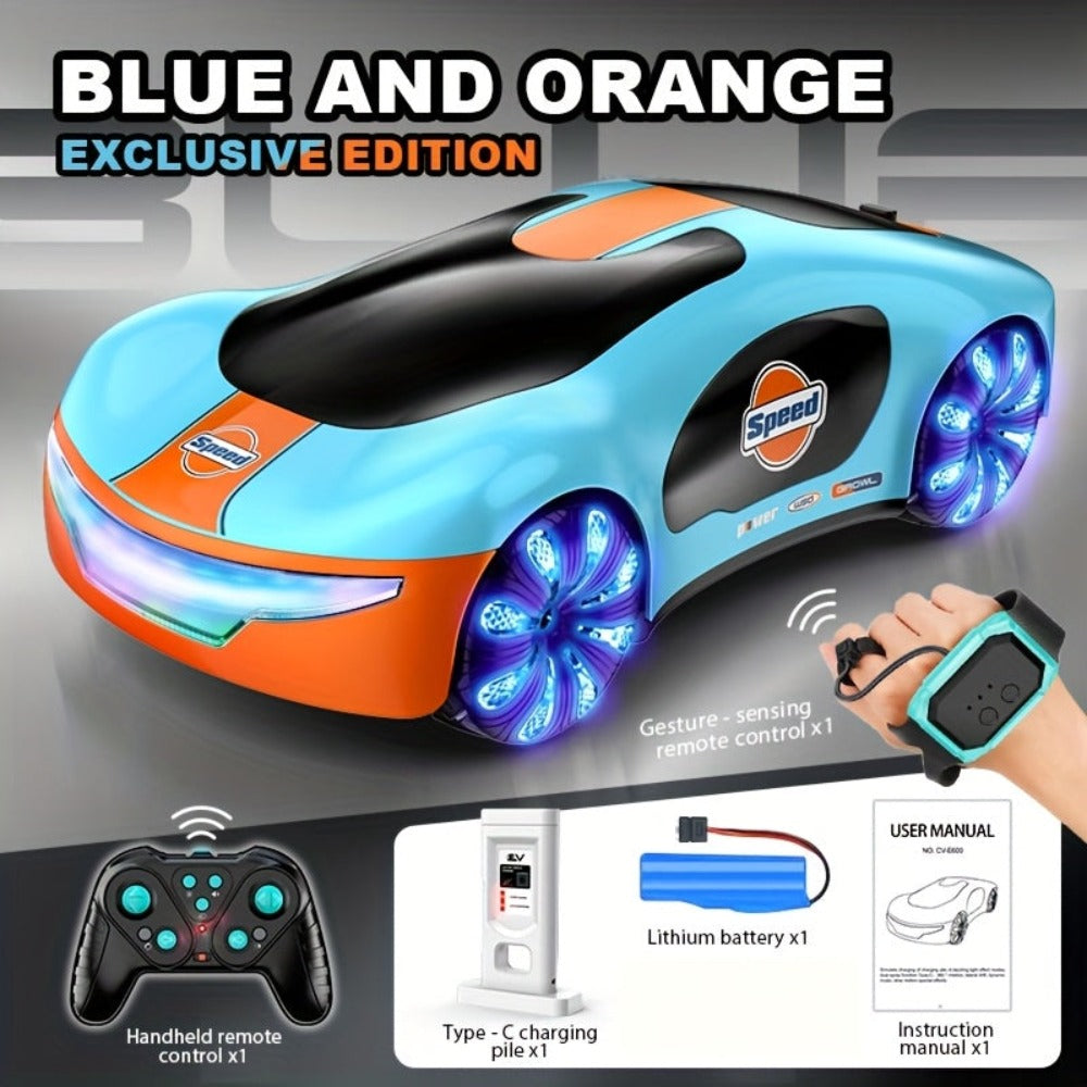Coche de juguete, Coche RC de acrobacias y deriva, Nuevo estilo de automóvil eléctrico de energía, con pila de carga (sin función de batería de almacenamiento), con control remoto de mango y correa de muñeca, con efectos de iluminación y efectos de rociad