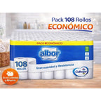 Pack promoción 108 rollos de papel higienico Albor Colhogar marca Española calidad y seguridad en cada uso.