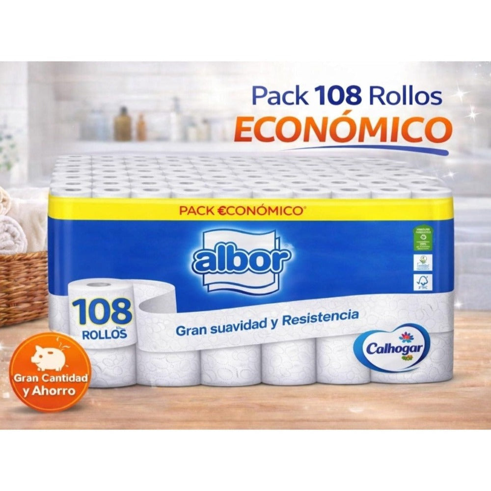 Pack promoción 108 rollos de papel higienico Albor Colhogar marca Española calidad y seguridad en cada uso.
