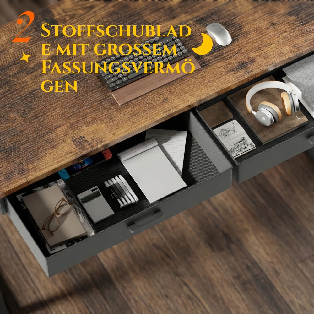 Escritorio de oficina eléctrico ajustable en altura, mesa de PC de oficina para juegos con enchufes incorporados, escritorio ajustable en altura para sentarse o estar de pie con 2 cajones de tela, escritorio grande, función de memoria, 5 tamaños