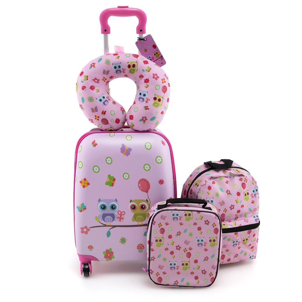 Juego de Equipaje para Niños de 5 Piezas + Mochila, Trolley con Lonchera, Etiqueta de Equipaje y Almohadilla de Cuello, Maleta con Ruedas para Niños y Niñas (Rosa)