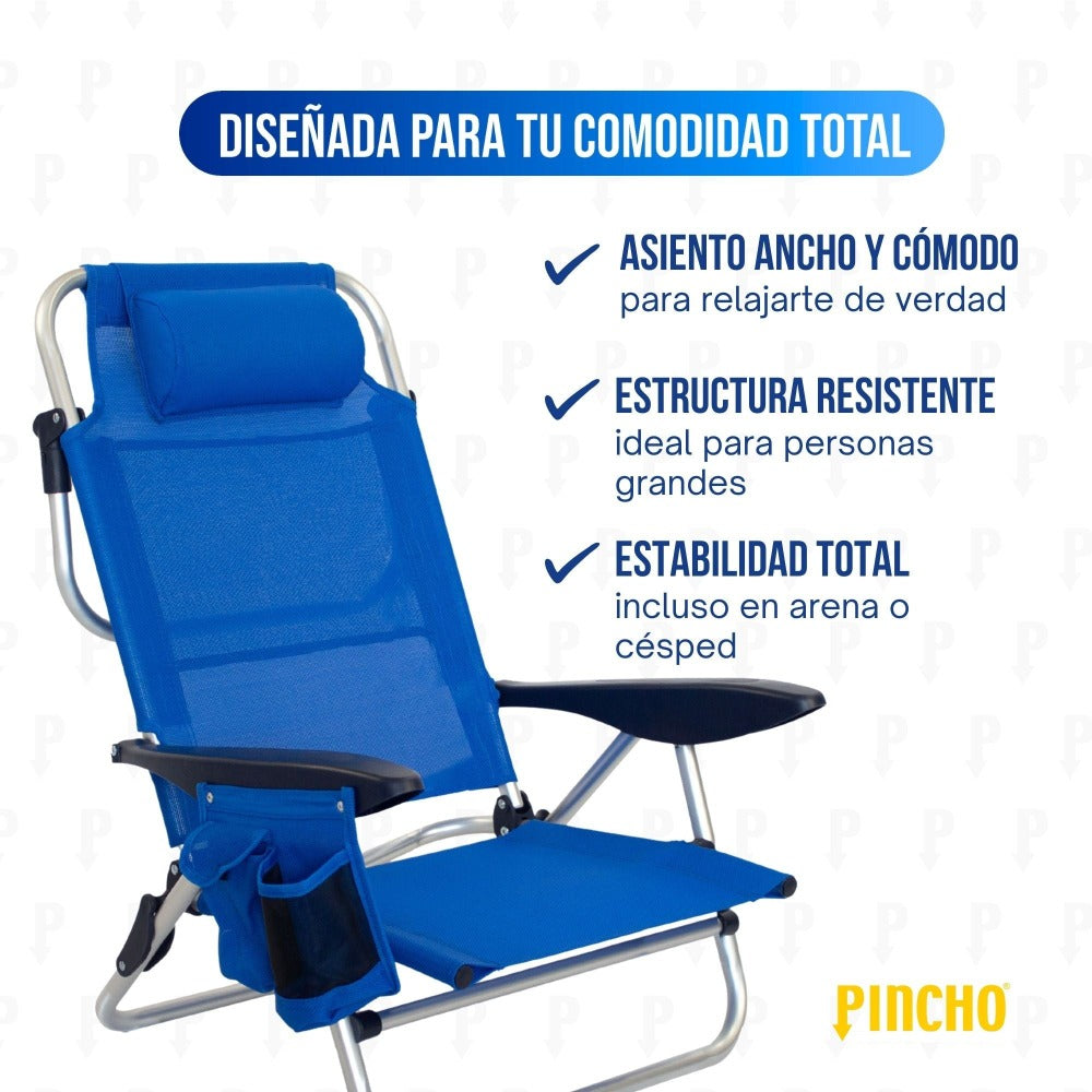 Silla de Playa Plegable Reclinable Aluminio ligera 4 posiciones Respaldo Ajustable bolsillo bebida transporte camping jardin turquesa o azul navy