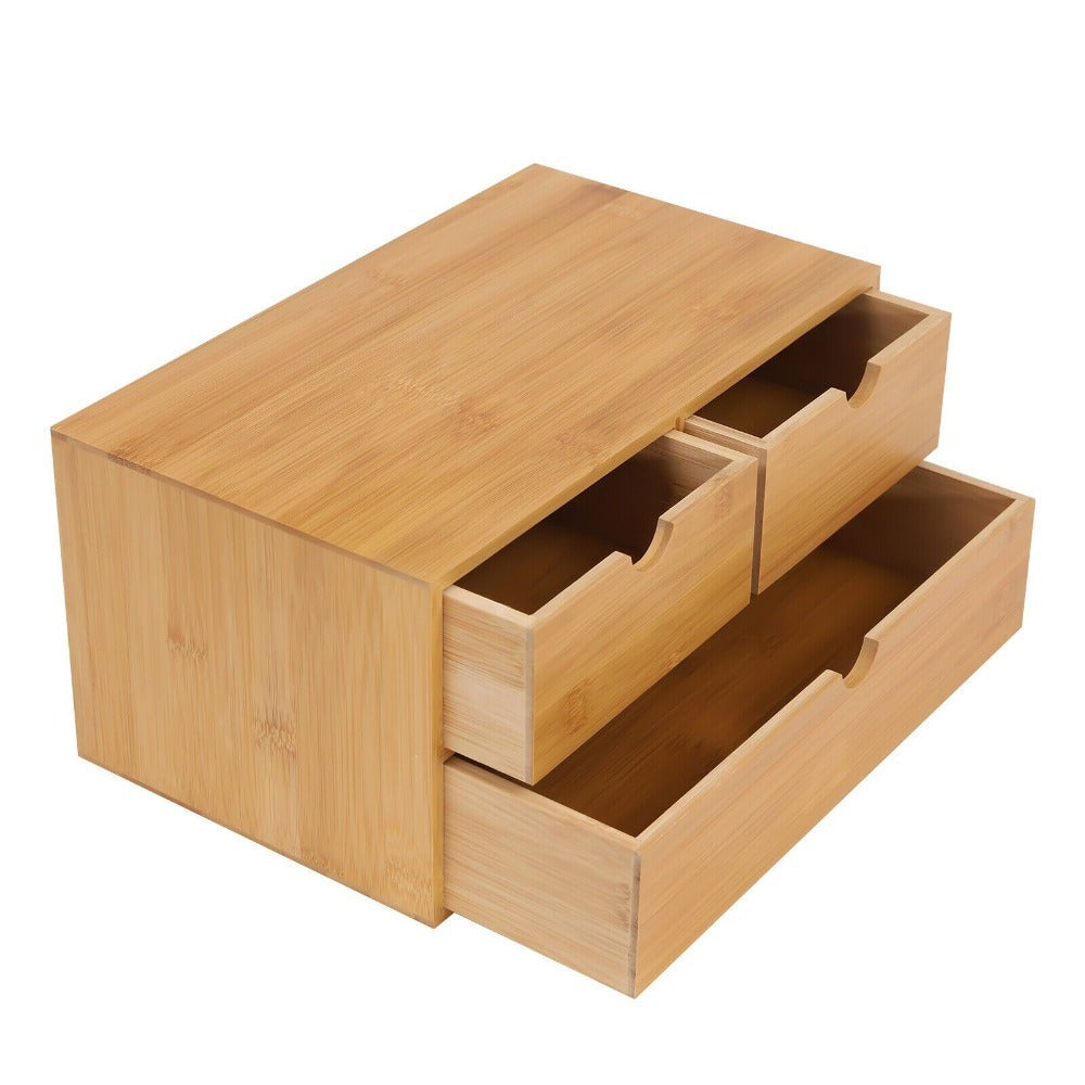 Organizador de escritorio de bambú, caja de organización de almacenamiento de mesa, almacenamiento de escritorio para clasificar y almacenar sellos, notas adhesivas, tijeras, facturas, bolígrafos, lápices, etc. (2 cajones superiores, 1 cajón inferior)