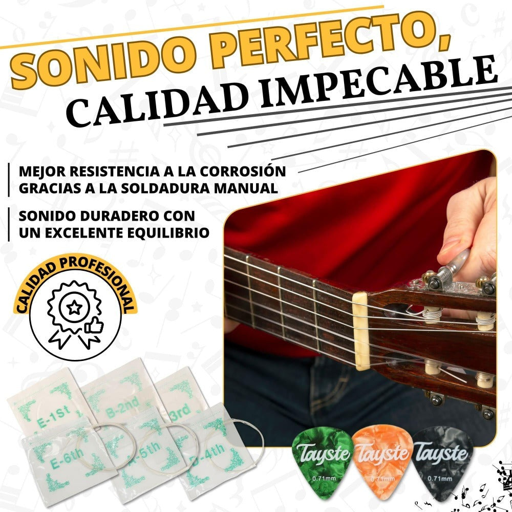 Cuerdas de Guitarra Española de Nailon Premium + 3 Púas Regalo + Toallita de microfibra Regalo | Cuerdas para guitarra clásica, española, flamenca