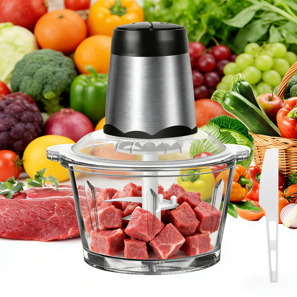 Picadora de carne eléctrica de 1600 vatios con cortador de alimentos multifunción, incluye un contenedor de vidrio de 2 litros y 4 cuchillas de acero inoxidable, 2 velocidades para carne, frutas, verduras, nueces, zanahorias y uso general en la cocina