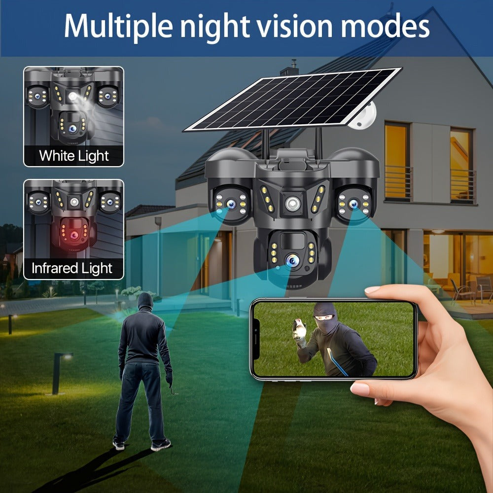 Cámara solar con WiFi V380 PRO de 3 lentes, 1080P, resistente al agua, HD, para exteriores, CCTV, visión nocturna, audio bidireccional, cámara de red con seguimiento de movimiento, cámara PTZ, seguimiento automático, alarma y visión nocturna en color, rot