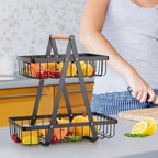 1 Cesta de Almacenamiento de Frutas de Metal de Múltiples Niveles con Asas de Madera - 2 Niveles para Frutas, Verduras y Especias - Soluciones Modernas de Almacenamiento para Cocina, Baño y Hogar, Cesta de Frutas