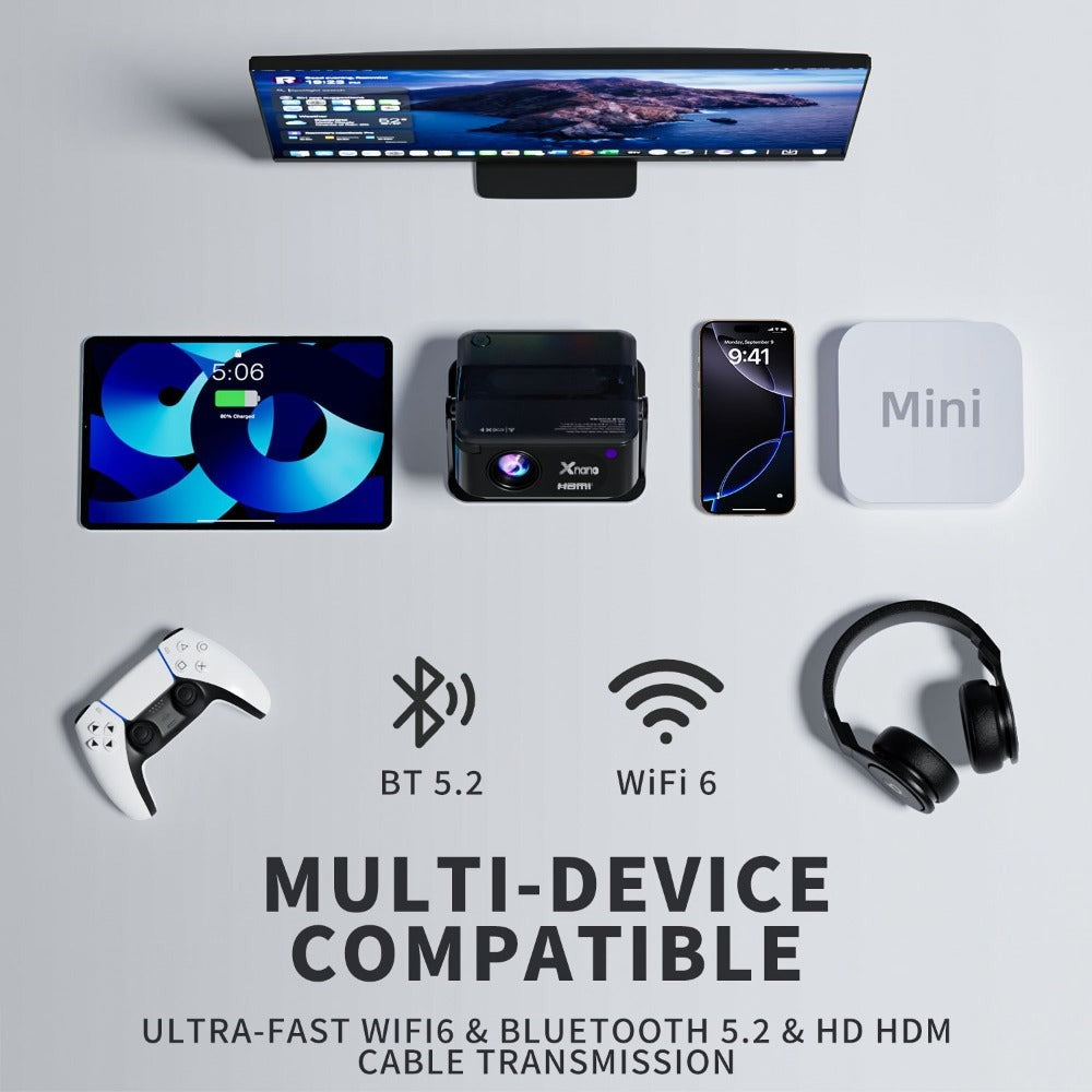 Proyector de cine en casa compacto con compatibilidad 4K, resolución local 720P, activación por voz y ajuste trapezoidal automático, ideal para streaming, dormitorio y aplicaciones de oficina