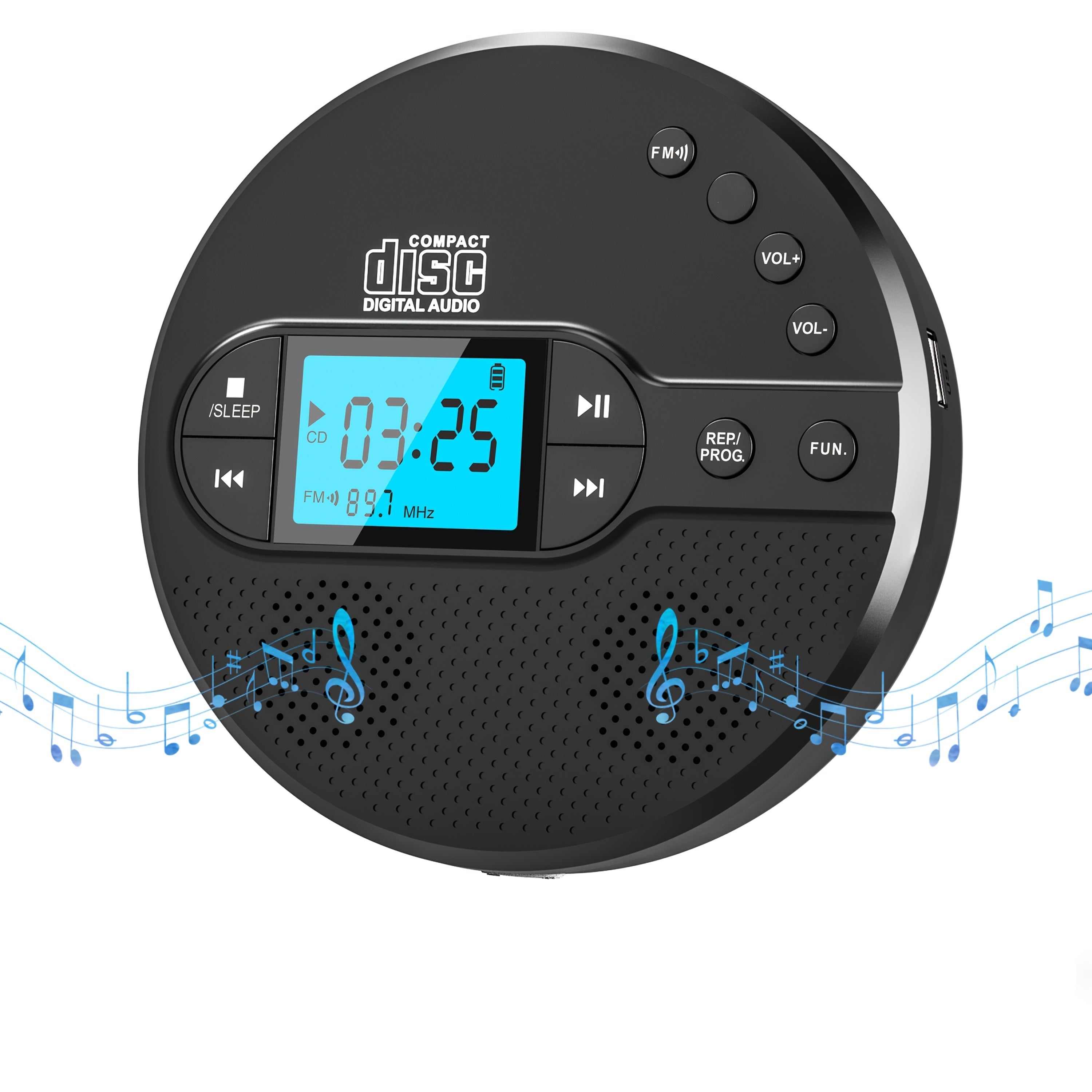 Reproductor de CD Portátil, Reproductor de CD de Alta Calidad y Claridad con Transmisor FM y Altavoz para Coche, Reproductor de CD Recargable con Altavoz Dual y Protección Anti-Saltos, Auriculares, Pantalla LCD 5 Modos de Música