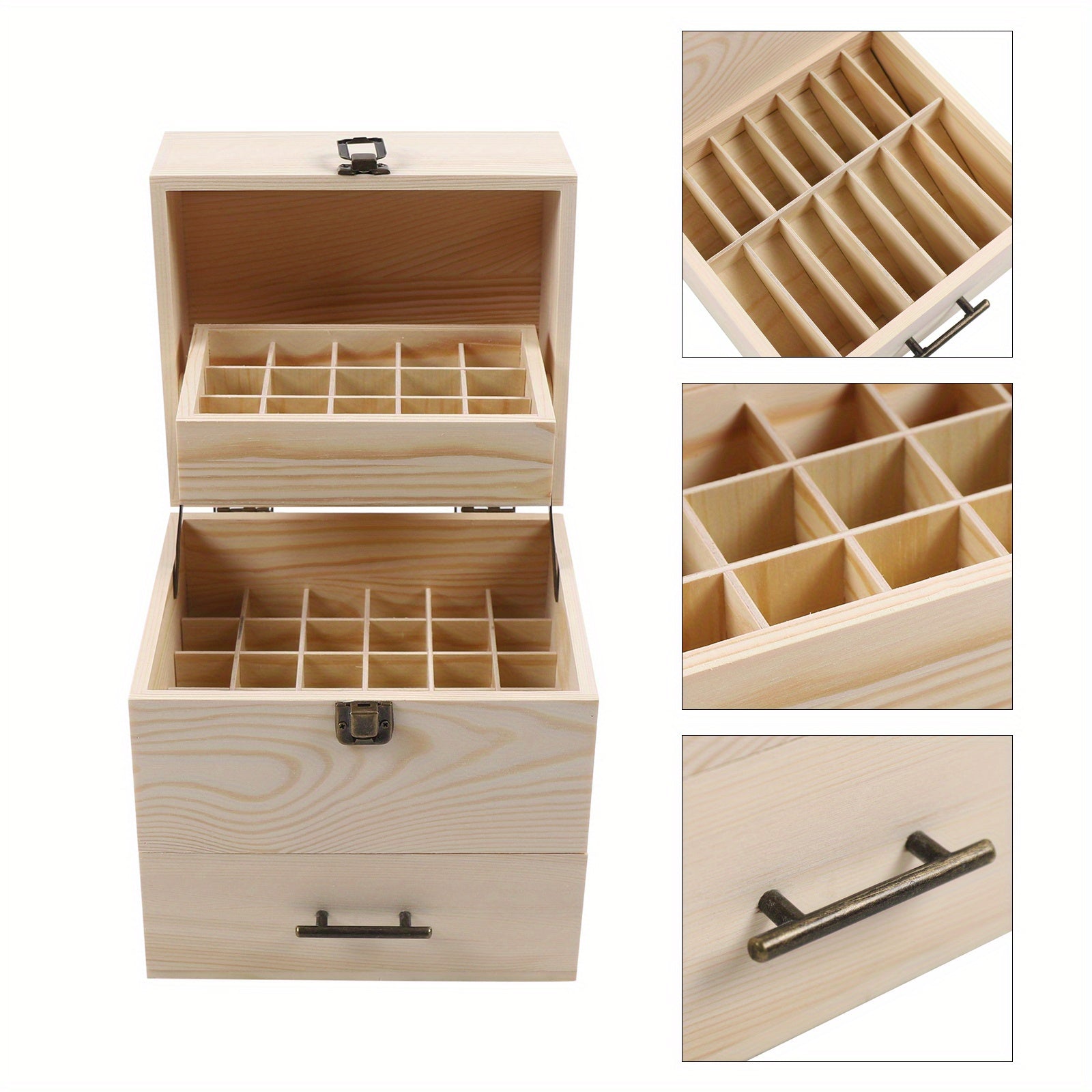 Caixa de Almacenamiento de Aceites Esenciales de Madera de 3 Capas, Caja con 59 Compartimentos para Aceites Esenciales, Contenedor de Madera para Esmalte de Uñas y Aceites Aromáticos, Caja con 59 Agujeros que Sostiene Botellas de 15 ml y 10 ml