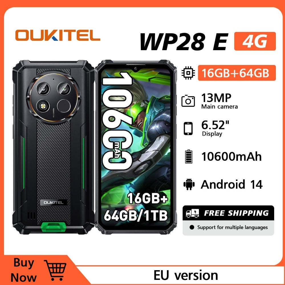 OUKITEL WP28E (2024) Móvil - 16GB RAM+64GB ROM (TF 1TB) Teléfono Movil Android 14 10600mAh, Movil 6.52 HD Pulgadas, Cámara 13MP+ 5MP, 4G Dual SIM/OTG/IP68/IP69K/GPS/NFC