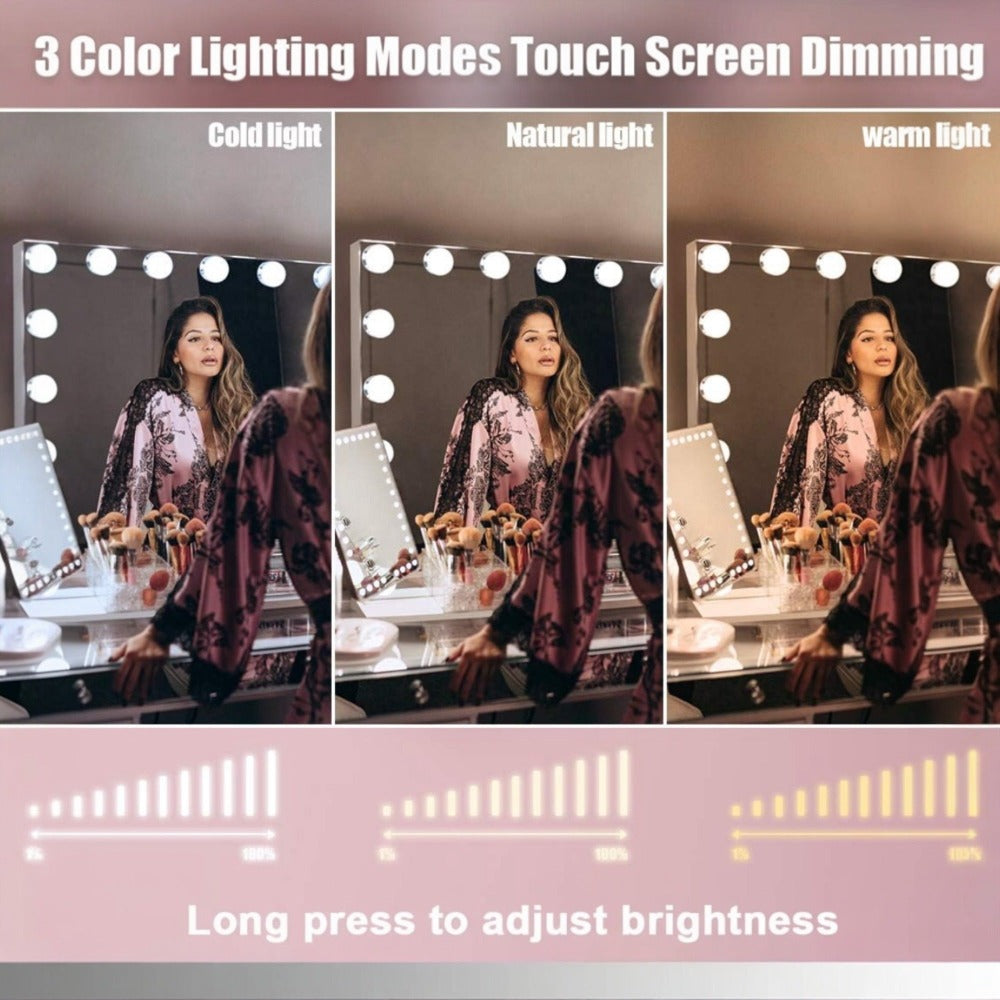Espejo de Maquillaje con Iluminación LED: Tocador con 12 Bombillas, 3 Modos de Luz, Control Táctil, Espejo de Maquillaje con Aumento y Luz para Maquillaje (ESP001)