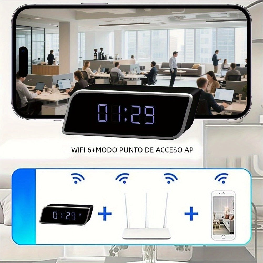 Cámara de reloj HD 1080P con gran angular de 110 grados y visión nocturna, grabación en bucle y funciones de alarma avanzadas. Cámara de reloj de escritorio WIFI6 con control por aplicación. Adecuada para monitoreo de seguridad interior en hogares, interi