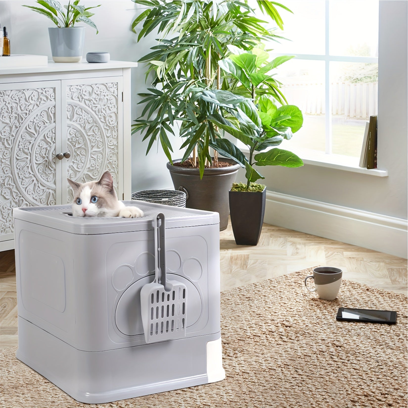 Caja de arena cerrada para gatos, cajas de arena con entrada frontal y salida superior, bandeja de arena extraíble con masajeador, pala para arena, para gatitos, diseño desmontable