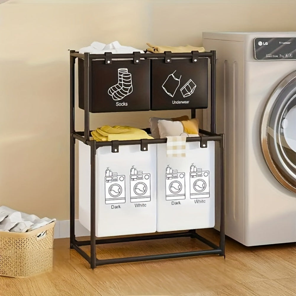 Cesta de Ropa Plegable Doble Capa con 4 Bolsas Desmontables, Cesto Multifuncional Ahorrador de Espacio, Material Duradero, Diseño Enrollable, Fácil Instalación, Color Moderno, Ideal para Dormitorio, Baño y Cocina, Esenciales para el Hogar,Organizador Mult