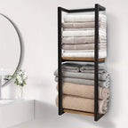 Estante de baño de pared de diseñador - Estante de almacenamiento de madera estilo rústico francés con estantes de madera duradera y estructura de acero, organizador de pared para toallas y artículos de aseo apto para baños modernos, spas, suites principa