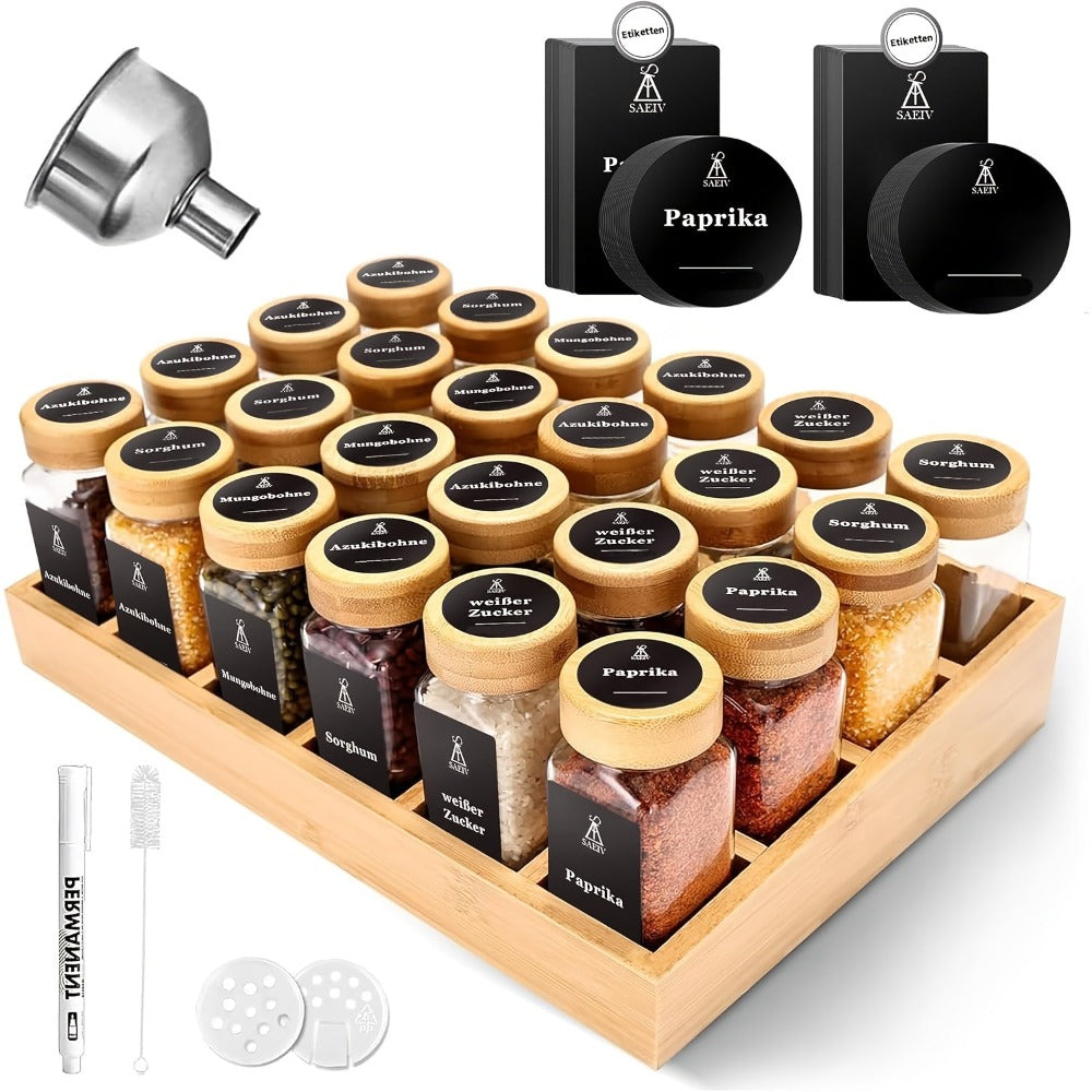 Juego de 24 tarros de especias con estante de bambú, tarros de especias de cristal con etiquetas alemanas negras y tapas de bambú herméticas, recipiente para especias con embudo grande de acero inoxidable, organizador de especias fácil de mover