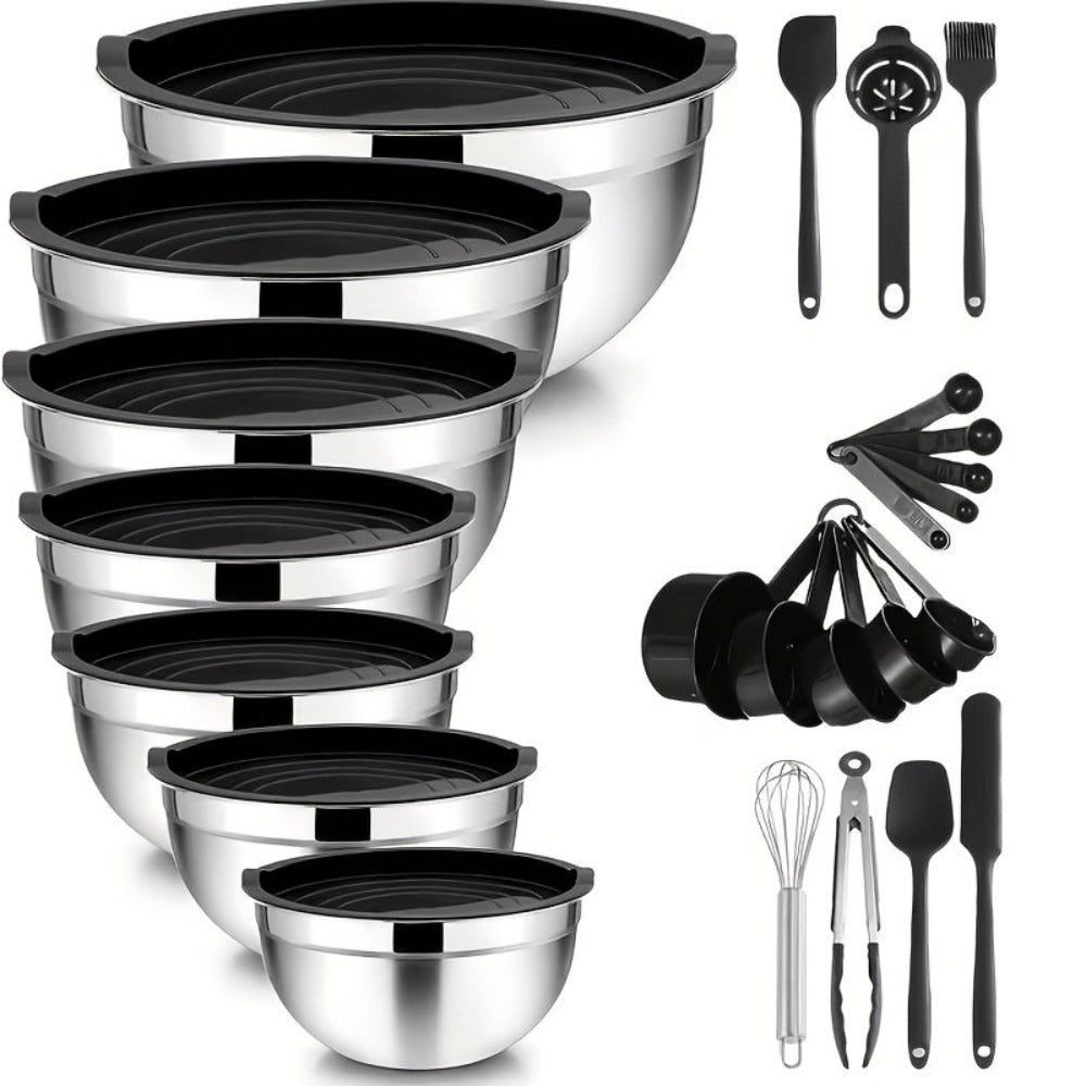 Juego de 7 piezas de ensaladeras prémium de acero inoxidable con tapas, juego de ensaladeras apilables, cuencos duraderos y gruesos, aptos para ensaladas, aptos para lavavajillas y microondas, ideal para Navidad, Hanukkah, Pascua, Acción de Gracias, almac
