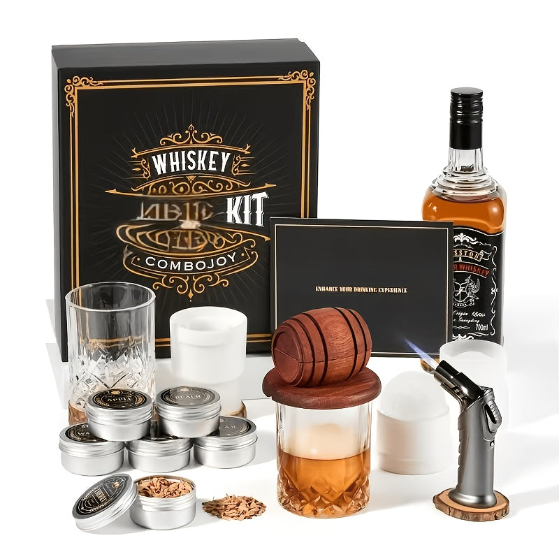 Kit Ahumador de Whisky con Antorcha - 6 Sabores de Leña en Chip, 2 Vasos, 2 Moldes de Hielo - Kit Infusor Ahumador de Cocktail, Kit Ahumador de Bebidas Old Fashioned, Regalos de Cumpleaños de Bourbon Whisky para Hombres, Papá (NO Butano)