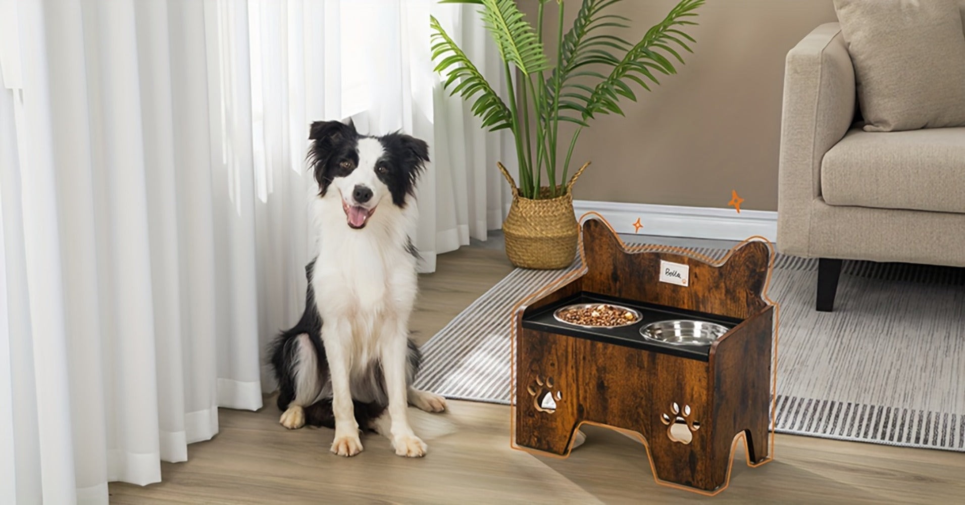 Comedero Elevado para Mascotas con Dos Tazas de Acero Inoxidable, Diseñado para Evitar Derrames, Apto para Perros de Todo Tamaño, con un Diseño Vintage Marrón y Negro