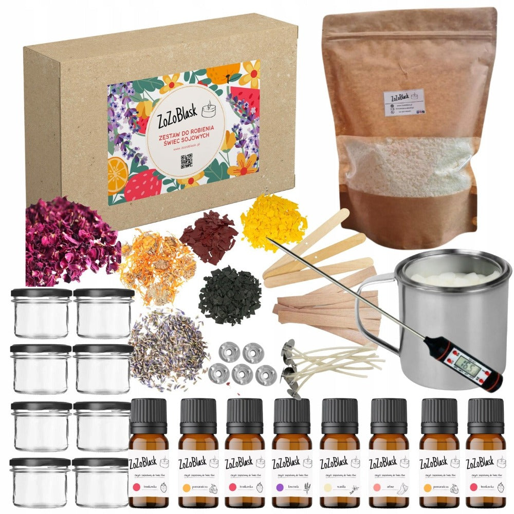 Kit para Hacer Velas de Soja para Niños – Set de Regalo para Fiestas con 8 Velas de Cera de Soja ZoZoBlask con Mechas de Algodón, Tintes de Madera, Fundidor, Aceites Esenciales y Tarros para Velas