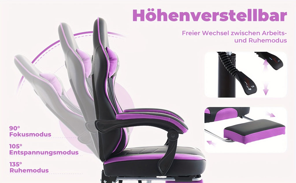 Silla Gaming, Silla para Ordenador, Silla Gaming Ergonómica con Pedales para Pies, Silla de Oficina, Silla Ergonómica para Ordenador con Soporte Lumbar, Silla Gaming de Altura Ajustable, Disponible en Negro