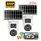 2 Piezas Cámara Binocular Solar WiFi Exterior 6MP, Detección de Humanos, Seguimiento de Movimiento, Intercomunicador Bidireccional, Visión Nocturna a Color, Alertas por Notificación