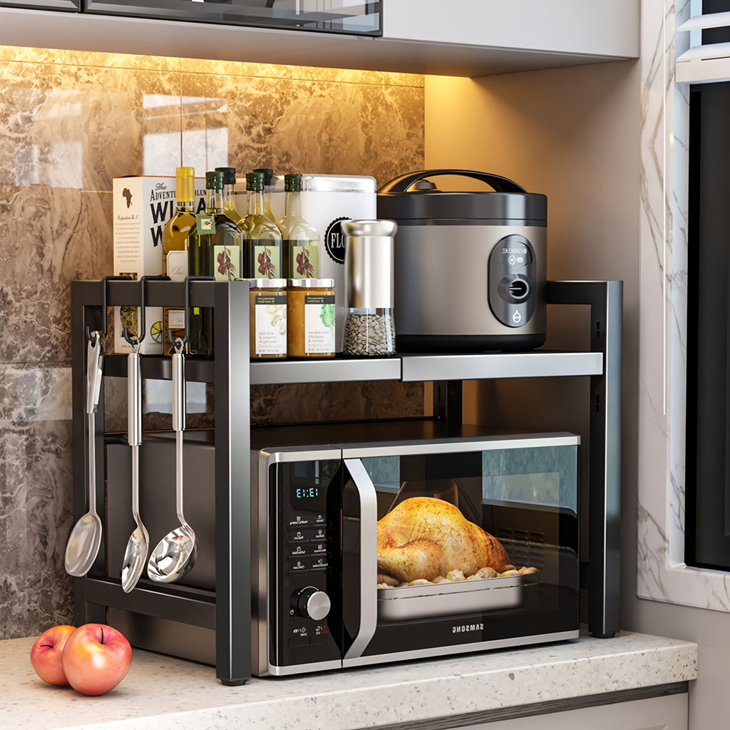 Estante Extensible para Microondas de 2 Niveles con 5 Ganchos, Soporte para Tabla de Cortar y 3 Toallas, Organizador de Cocina, Estante para Hornear en Microondas para Encimeras, Extensible de 40-64 cm (, Blanco)