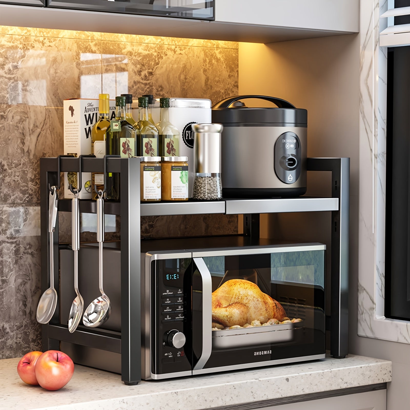 Estante Extensible para Microondas de 2 Niveles con 5 Ganchos, Soporte para Tabla de Cortar y 3 Toallas, Organizador de Cocina, Estante para Hornear en Microondas para Encimeras, Extensible de 40-64 cm (, Blanco)